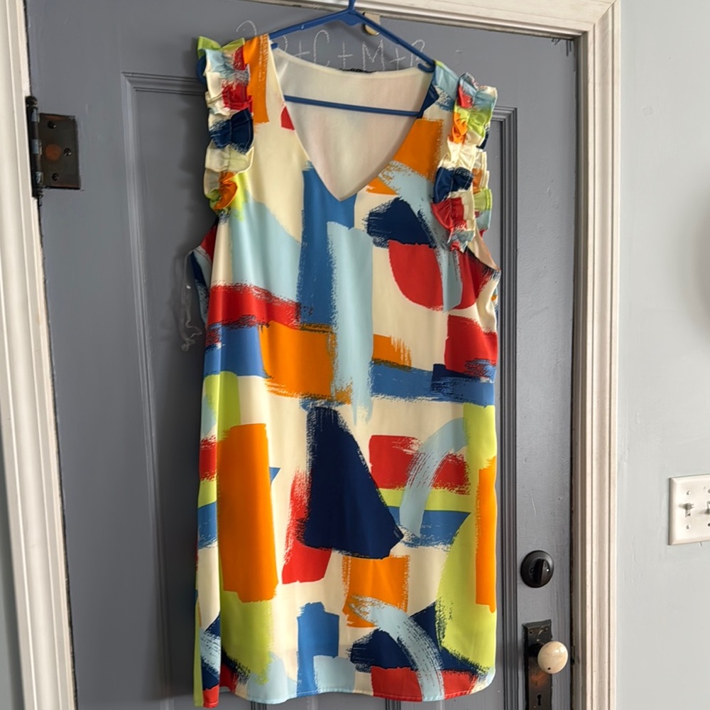 Staccato Blue and Orange Sheath Mini Dress V-Neck Sleeveless